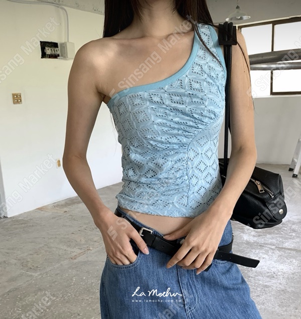 菱格蕾絲抓皺單肩背心(闆娘清單)